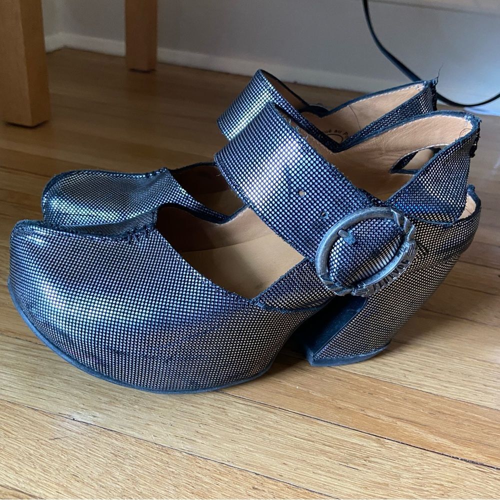 John Fluevog Guide Prepares Silver Platform Mary Jane Heels Size6 Buckle Leather